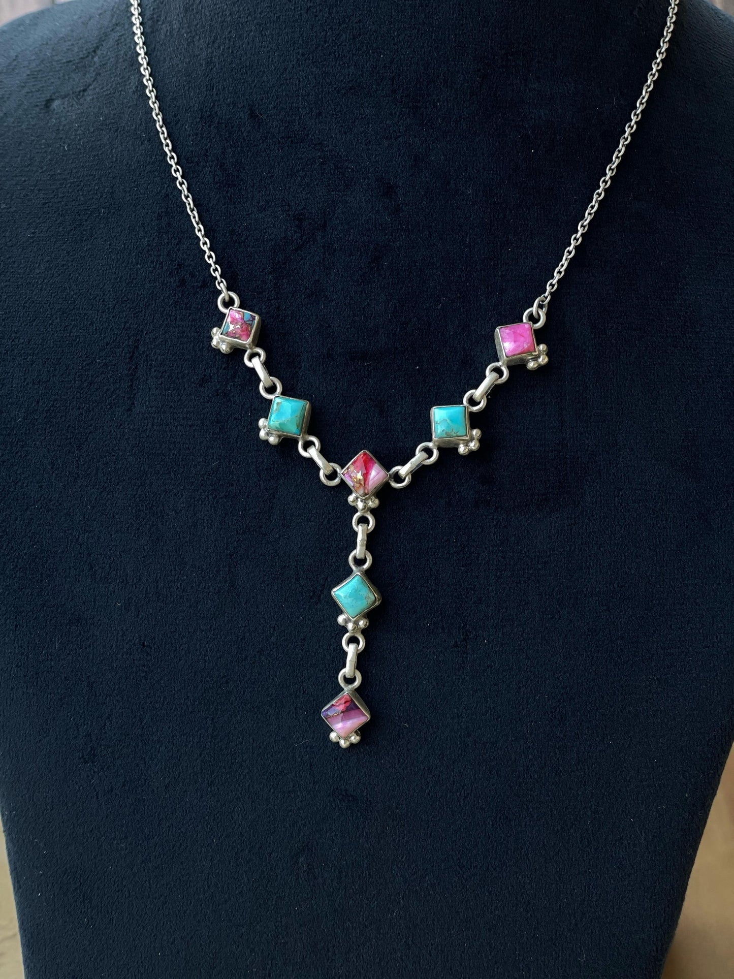 Handmade Sterling Silver, Turquoise & Pink Dream Mojave Drop Necklace