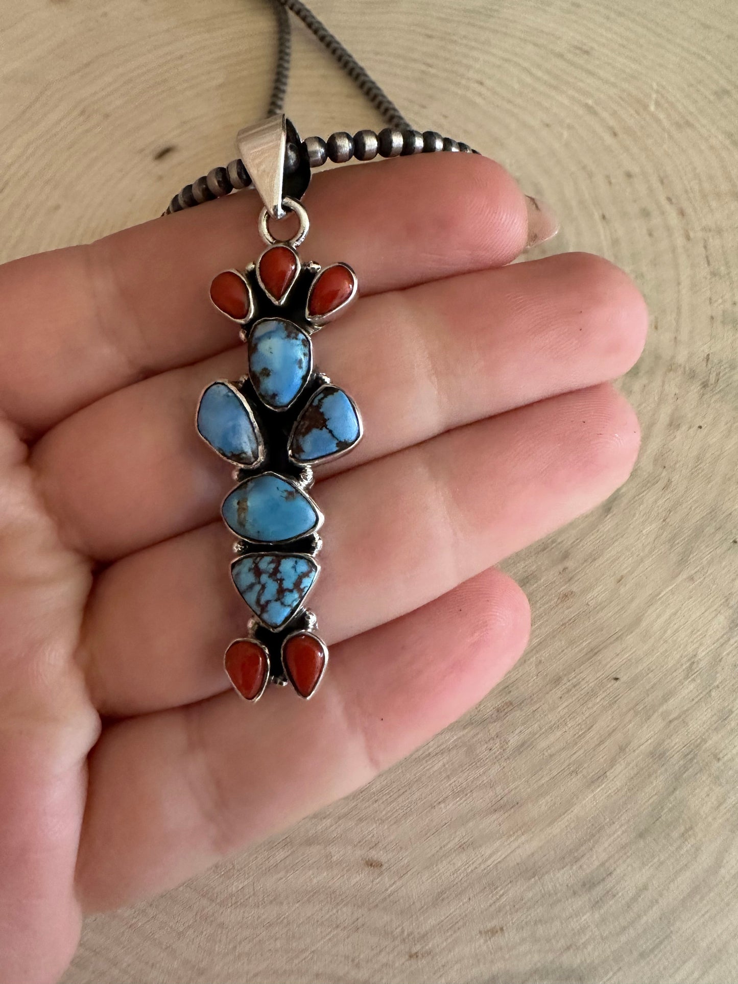 Handmade Sterling Silver, Natural Coral & Golden Hills Turquoise Cactus Pendant Signed Nizhoni