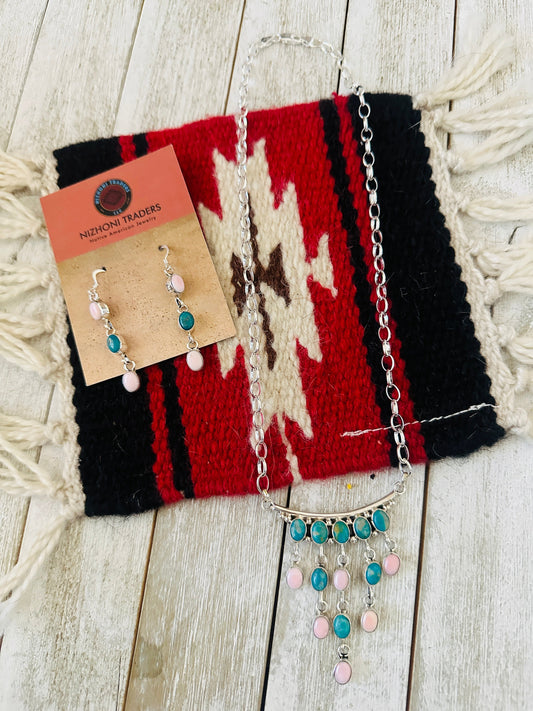 Navajo Turquoise, Queen Pink Conch & Sterling Silver Chandelier Necklace Set
