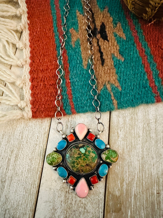 Navajo Sterling Silver & Multi Stone Cluster Necklace
