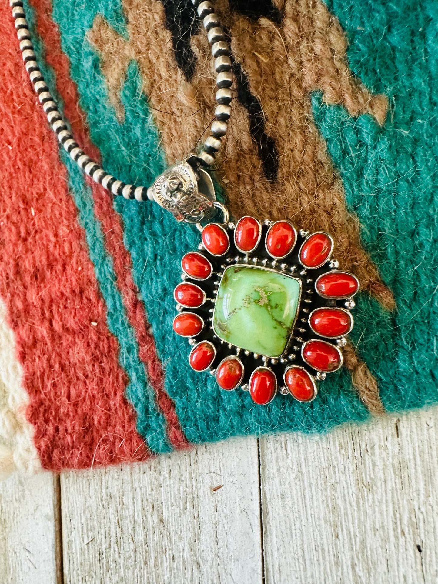 ** Christmas Collection ** Handmade Sterling Silver, Coral & Turquoise Cluster Pendant Signed Nizhoni