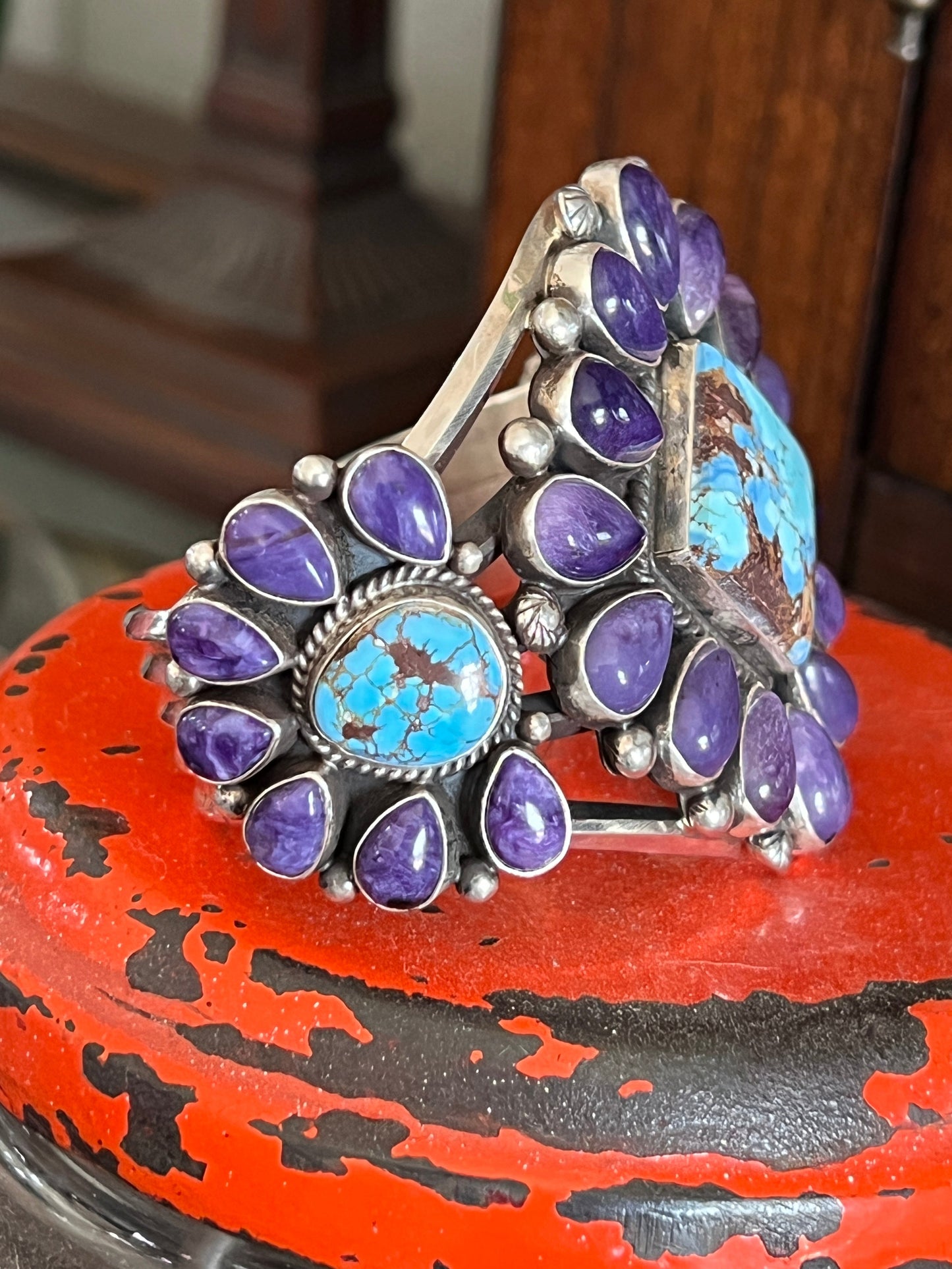 Navajo Sterling Silver, Charoite and Golden Hills Turquoise Cluster Cuff Bracelet by Tyler Brown