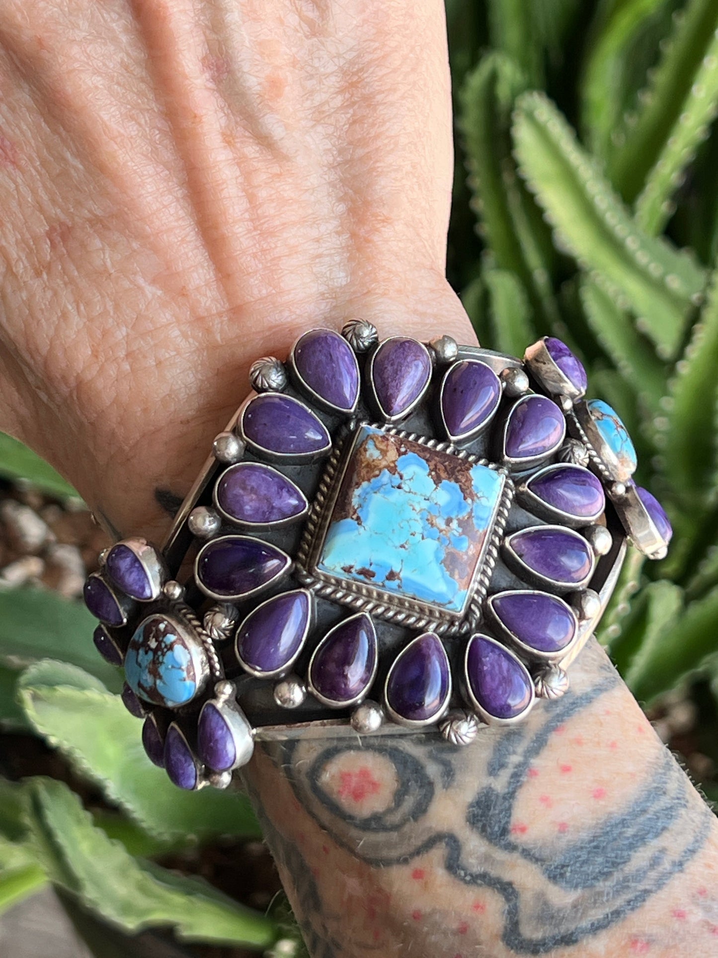Navajo Sterling Silver, Charoite and Golden Hills Turquoise Cluster Cuff Bracelet by Tyler Brown