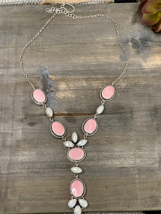 Handmade Sterling Silver, Pink Conch & Pearl Lariat Necklace