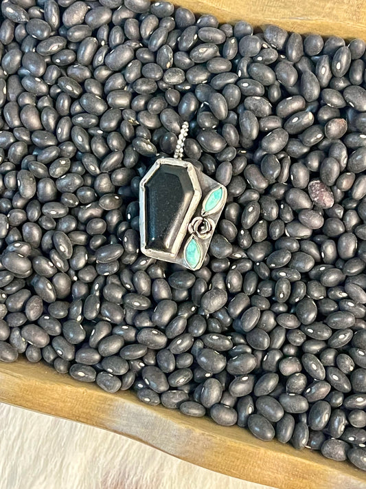 Obsidian Coffin and Turquoise Pendant