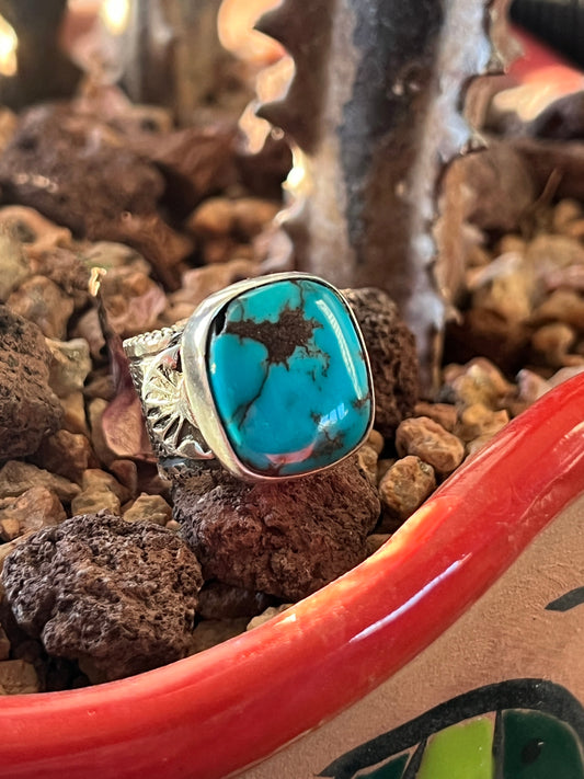 Native Made Sterling Silver Wide Shank Ring with Egyptian Turquoise by Shaun Rogers, Size 8.25