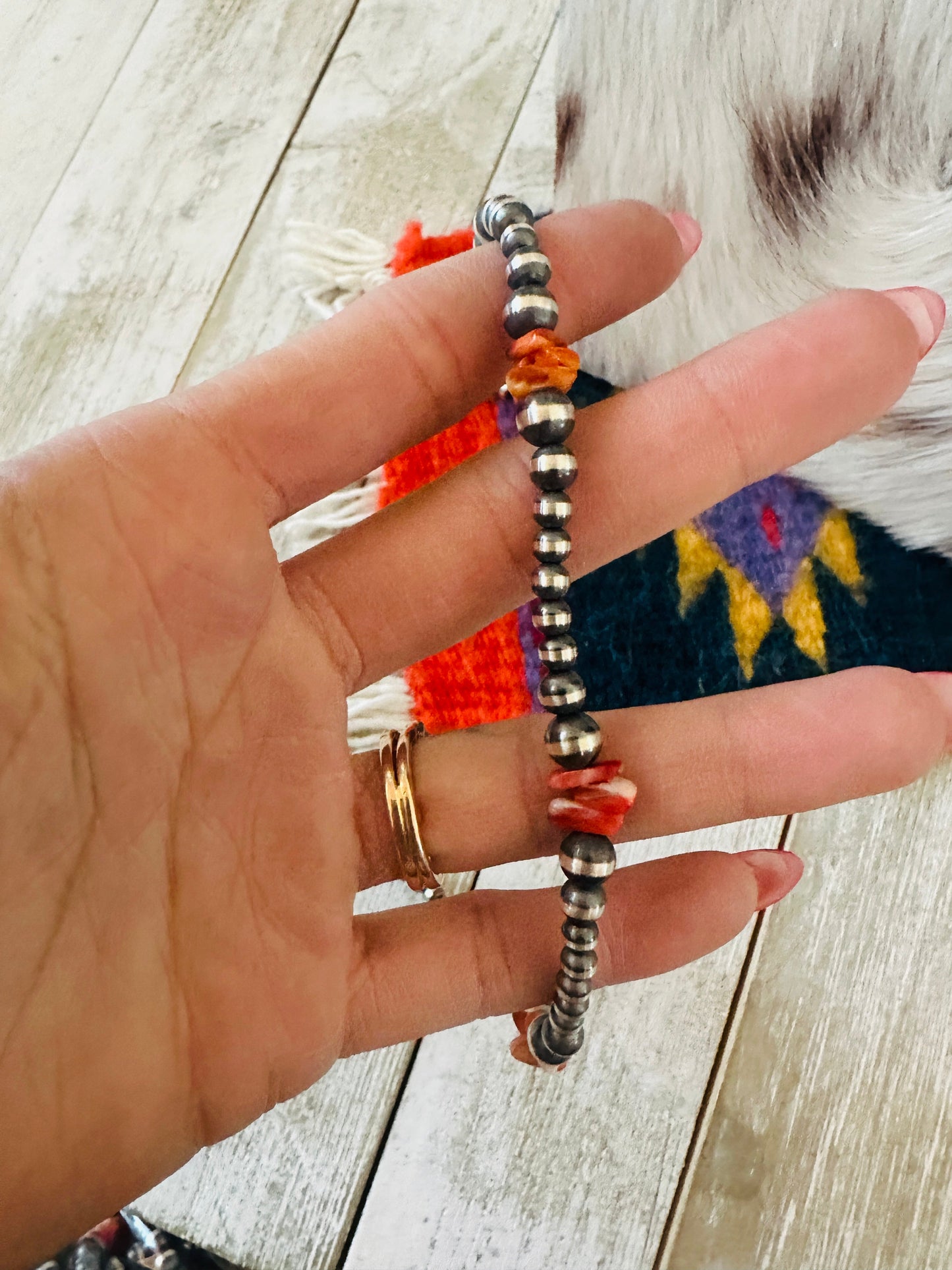 Navajo Sterling Silver & Spiny Oyster Beaded Necklace