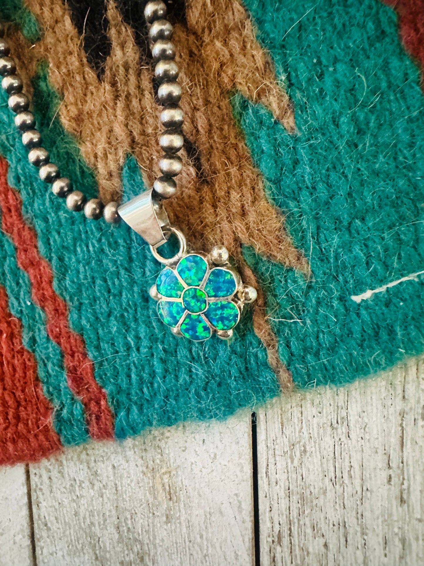 Zuni Blue Opal & Sterling Silver Inlay Flower Pendant