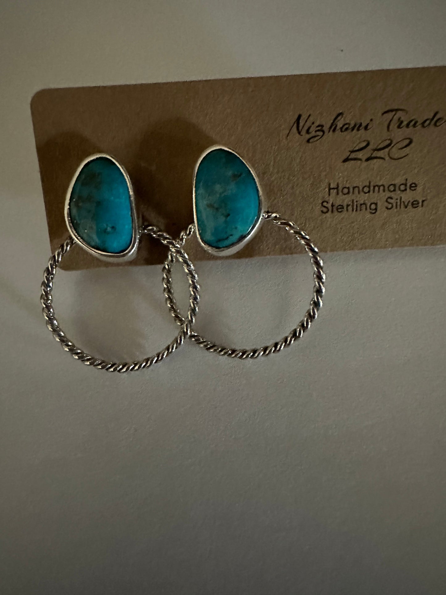 Handmade Kingman Turquoise & Sterling Silver Twisted Hoop Earrings