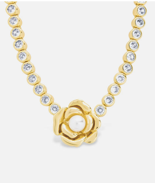 Rosa Pearl 14k Gold Flower CZ Tennis Necklace