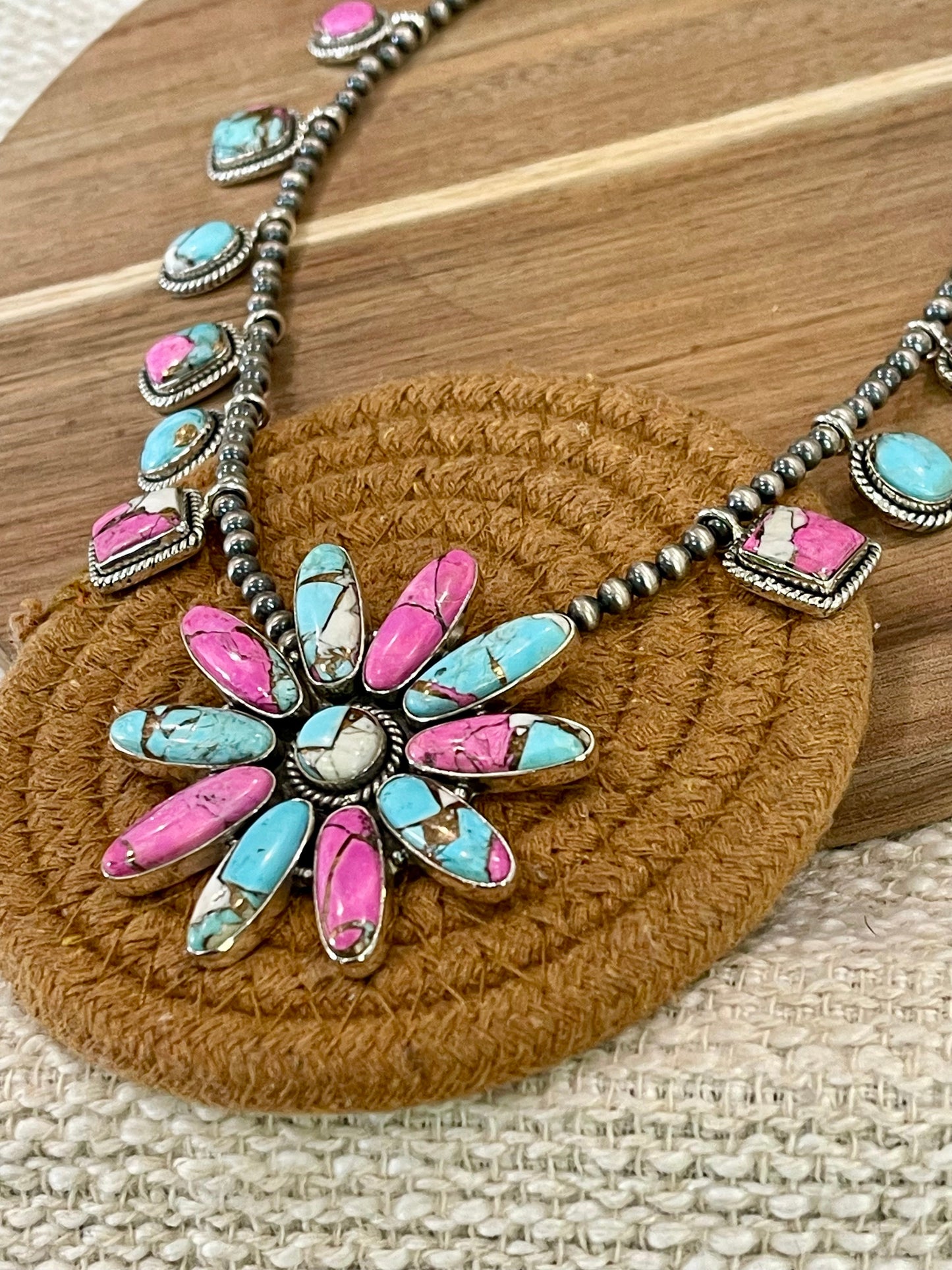 Handmade Sterling Silver Cotton Candy Turquoise Necklace with Signed Nizhoni