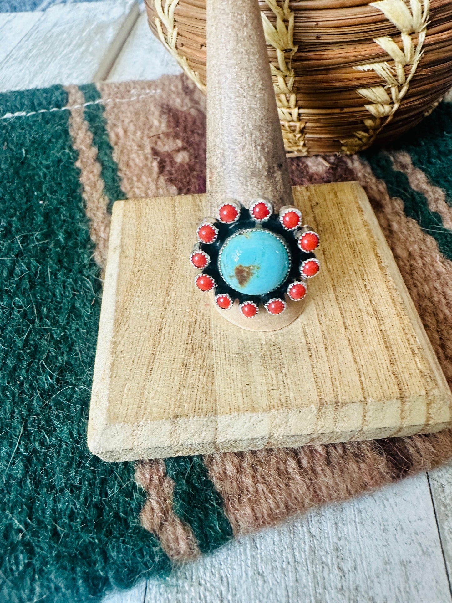 Navajo Sterling Silver, Turquoise & Coral Cluster Adjustable Ring