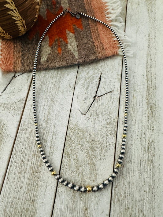 Navajo Sterling Silver & Gold Beaded 20” Necklace