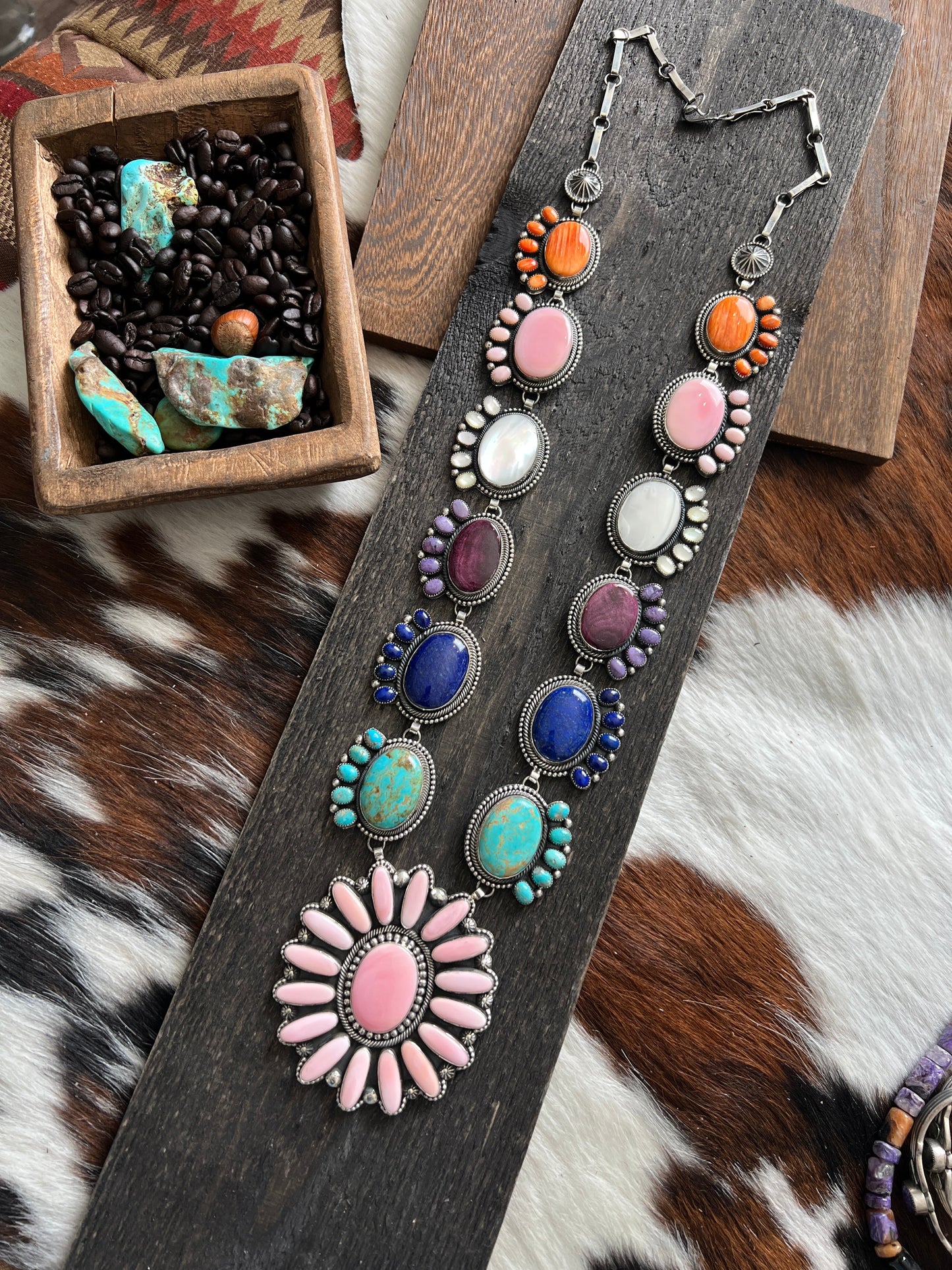 Tequila Sunrise Navajo Sterling Silver and Multi Stone Necklace by Hemerson Brown