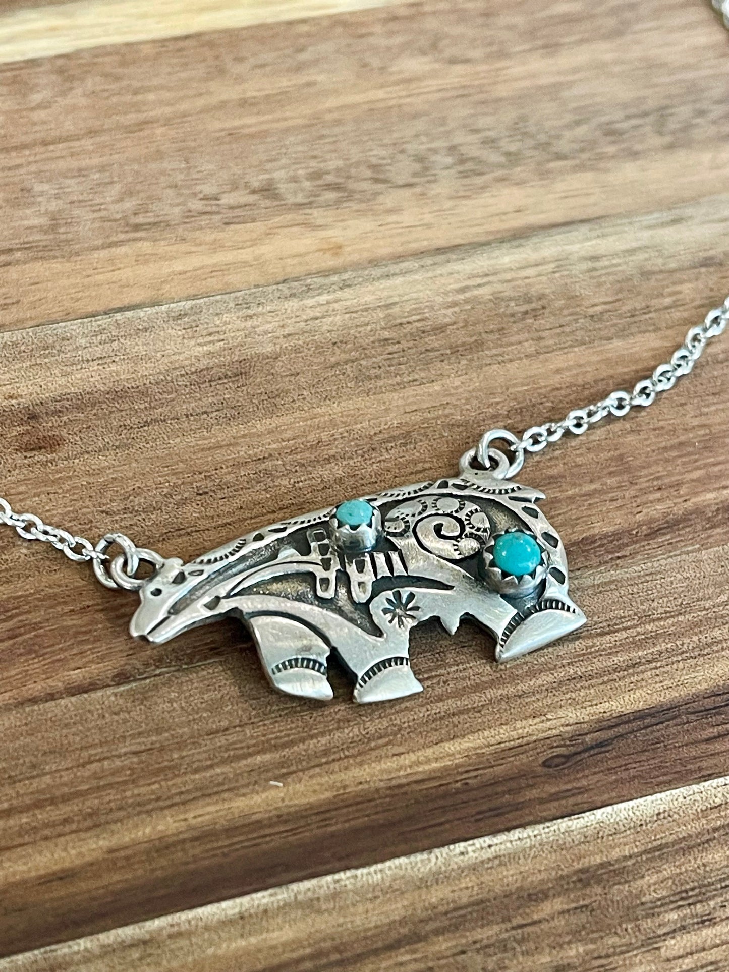 Beautiful Handmade Sterling Silver & Turquoise Bear Necklace