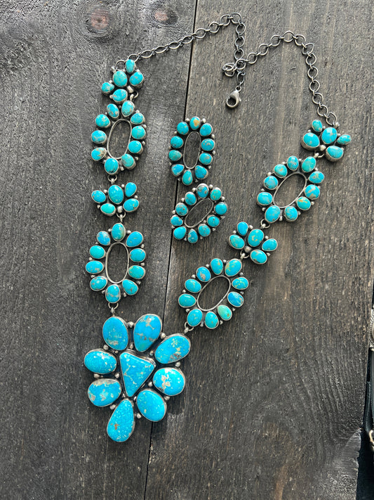 Navajo Sterling Silver and Whitewater Campitos Turquoise Cluster Necklace and Earring Set by Sheila Becenti