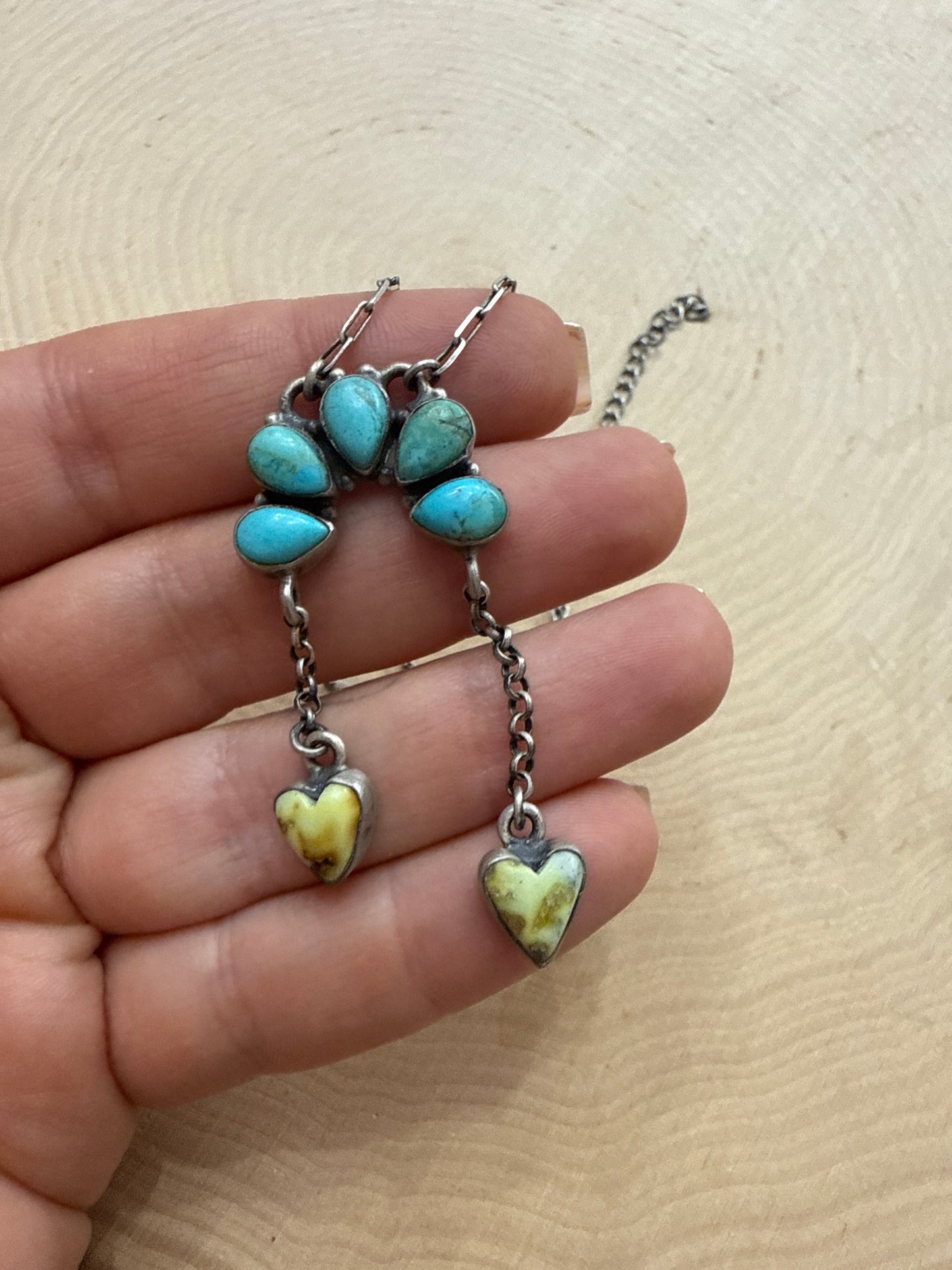 Beautiful Handmade Sterling Silver Kingman Turquoise & Palomino Turquoise Naja Heart Necklace