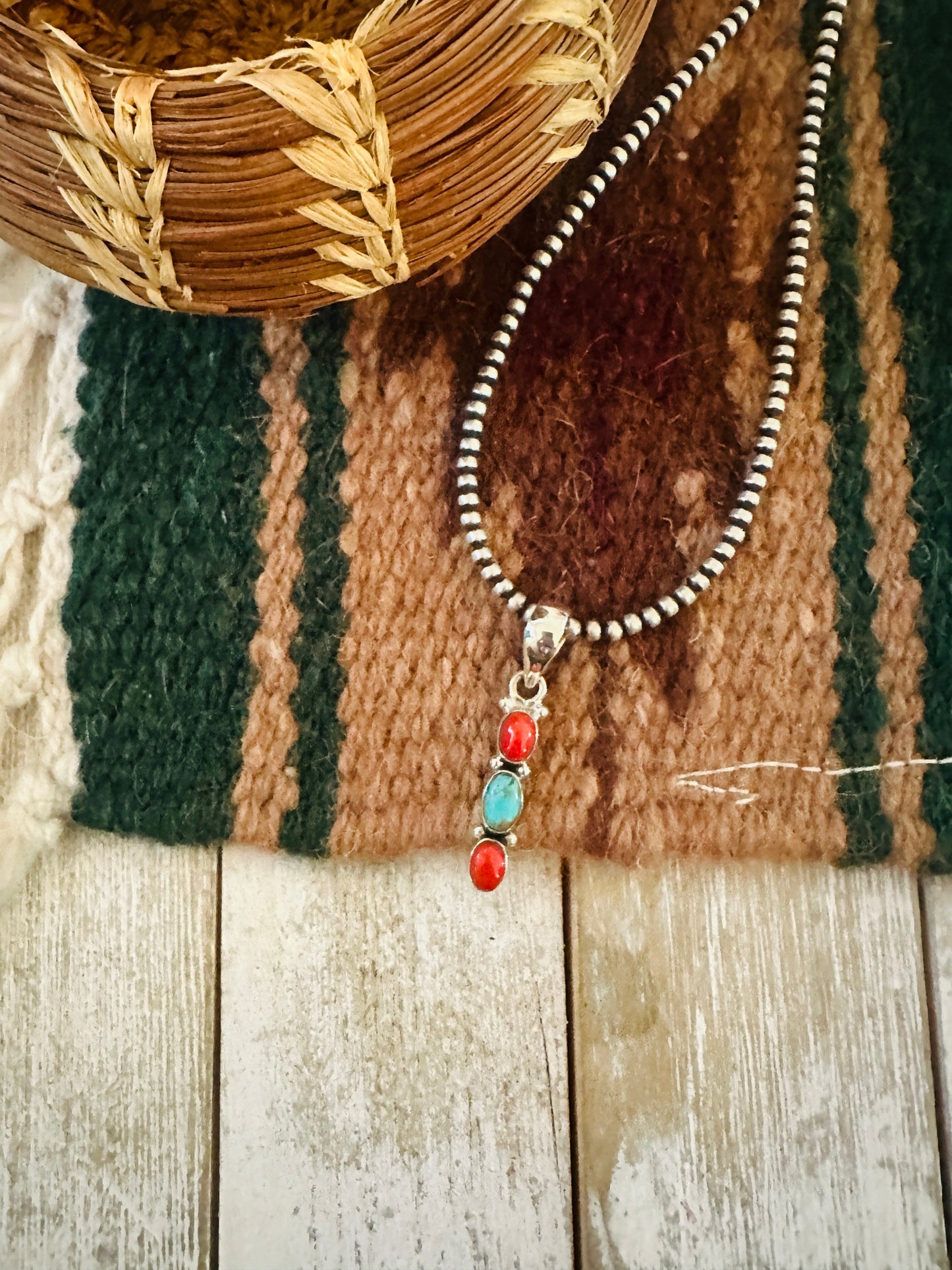 ** Christmas Collection ** Handmade Sterling Silver, Coral & Turquoise Pendant Signed Nizhoni