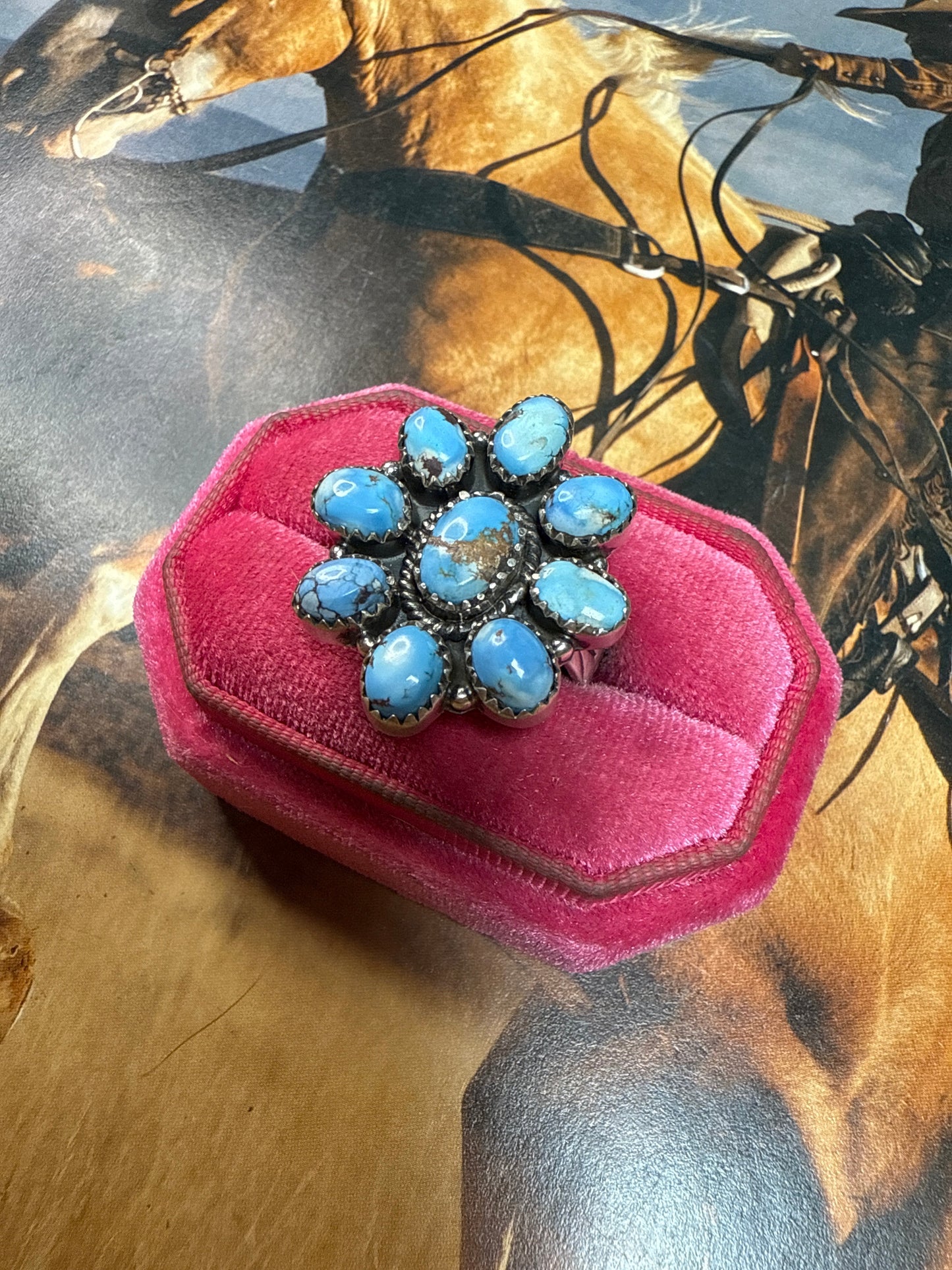Handmade Golden Hills Turquoise & Sterling Adjustable Cluster Ring