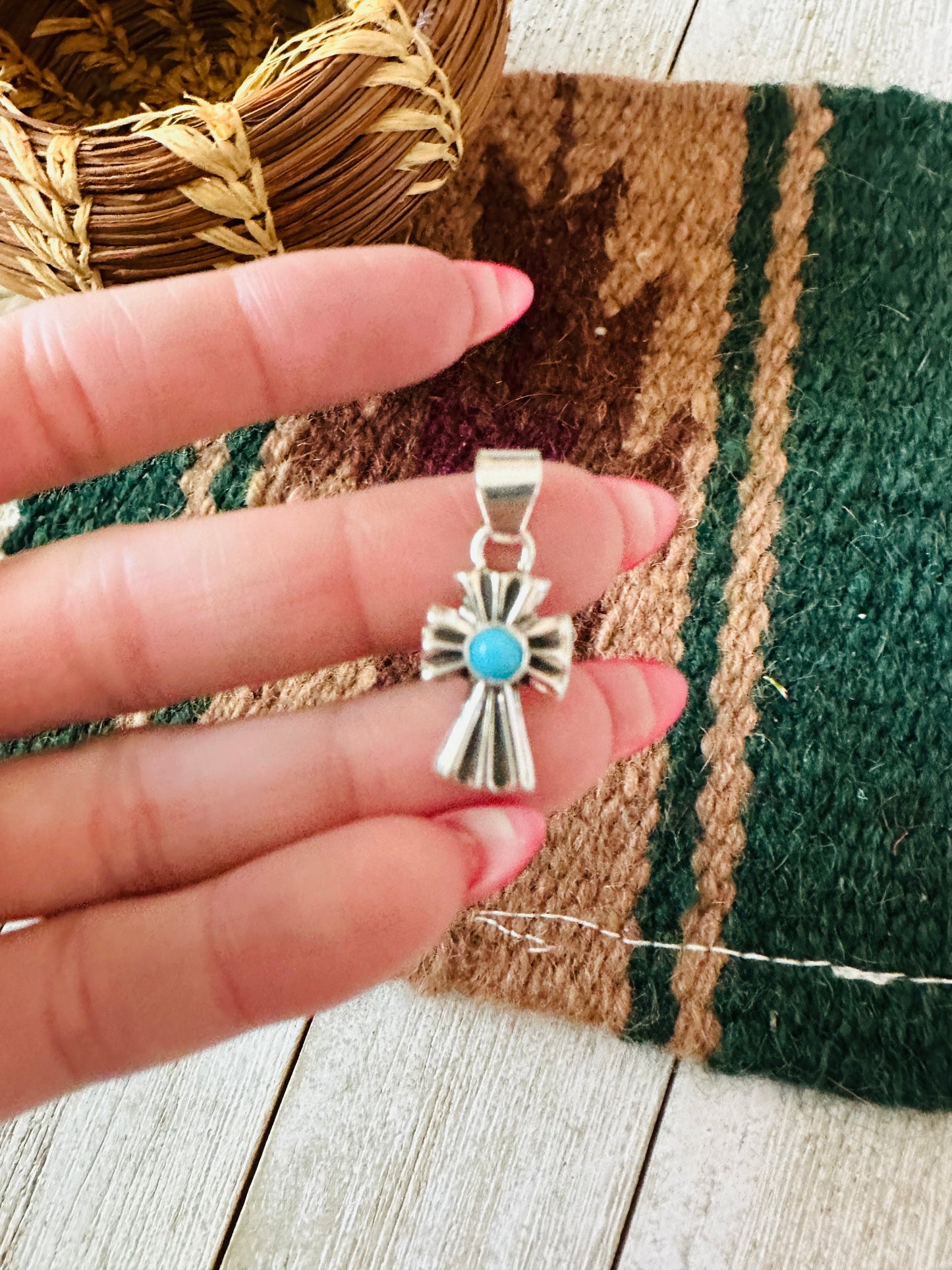 Navajo Turquoise & Sterling Silver Mini Cross Pendant
