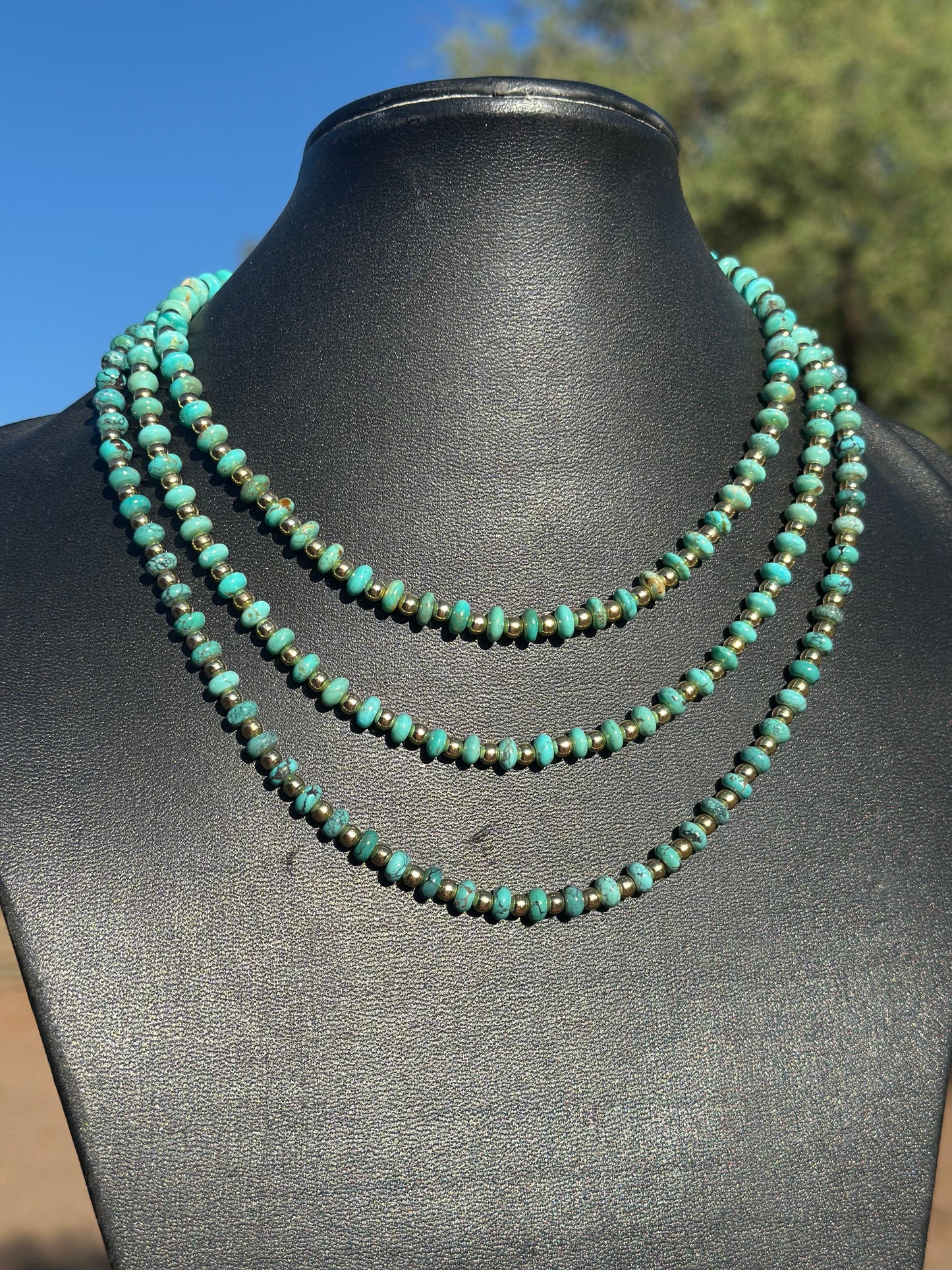 Gilded Sky Navajo Turquoise, Gold & Sterling Silver Beaded Necklace and Bracelets