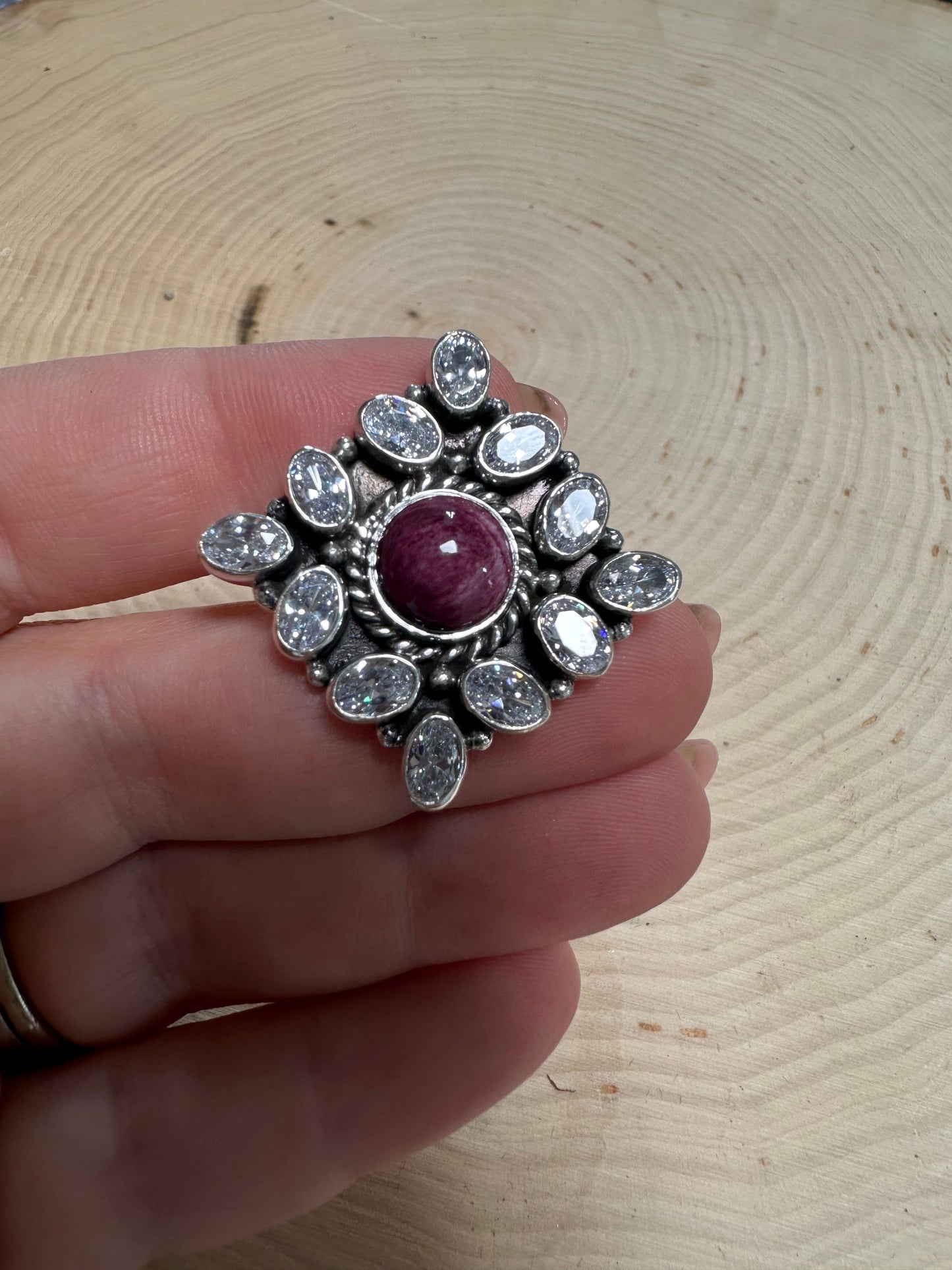 Handmade Sterling Silver, Cz & Purple Spiny Adjustable Ring Signed Nizhoni