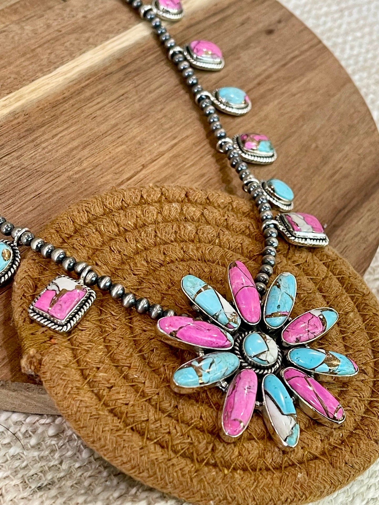 Handmade Sterling Silver Cotton Candy Turquoise Necklace with Signed Nizhoni