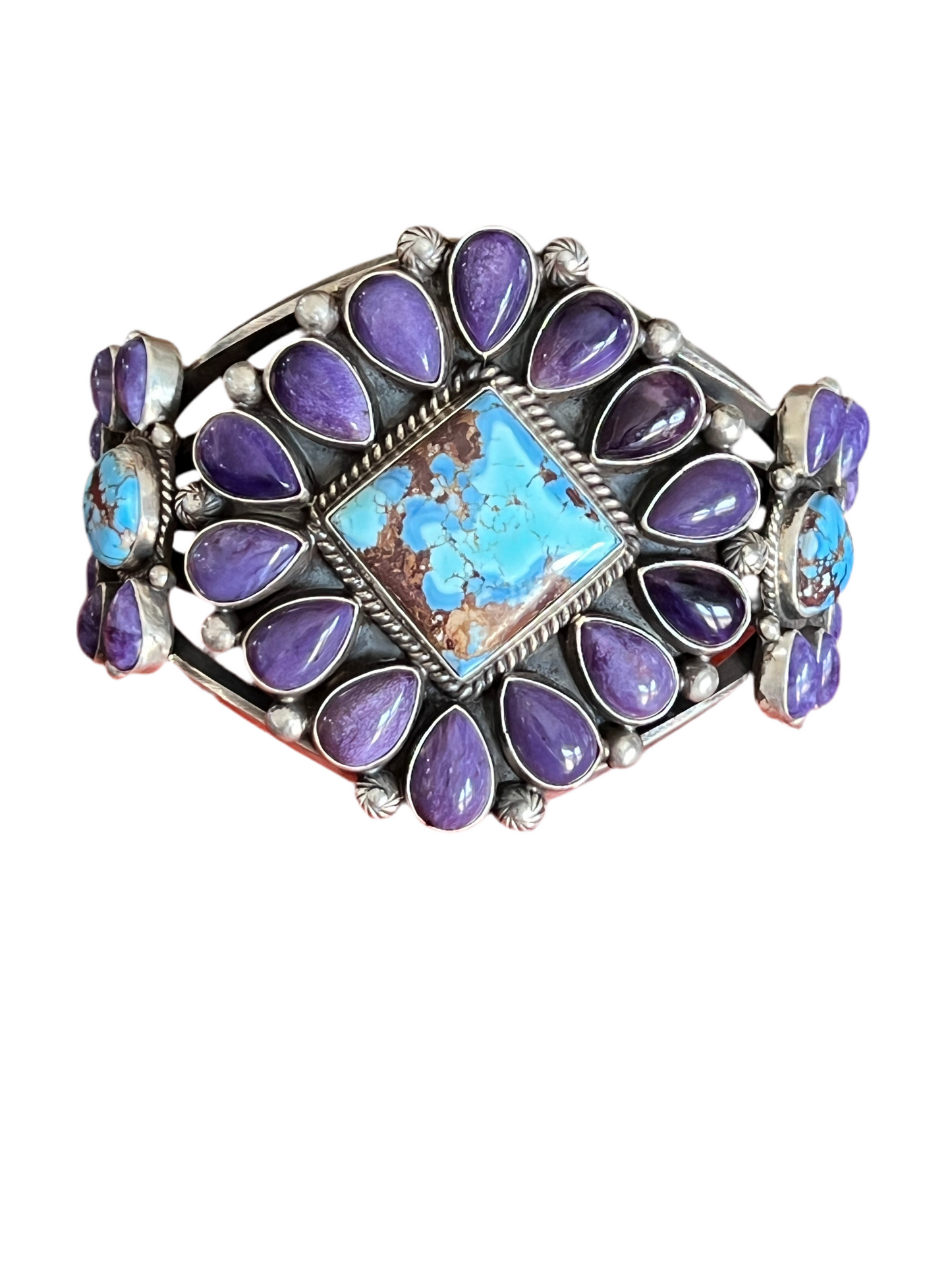 Navajo Sterling Silver, Charoite and Golden Hills Turquoise Cluster Cuff Bracelet by Tyler Brown