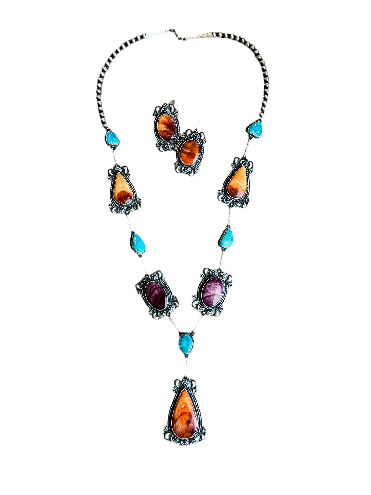 Navajo Sterling Silver, Spiny Oyster and Turquoise Link and Bead Necklace and Earrings Set by Derrick Gordon