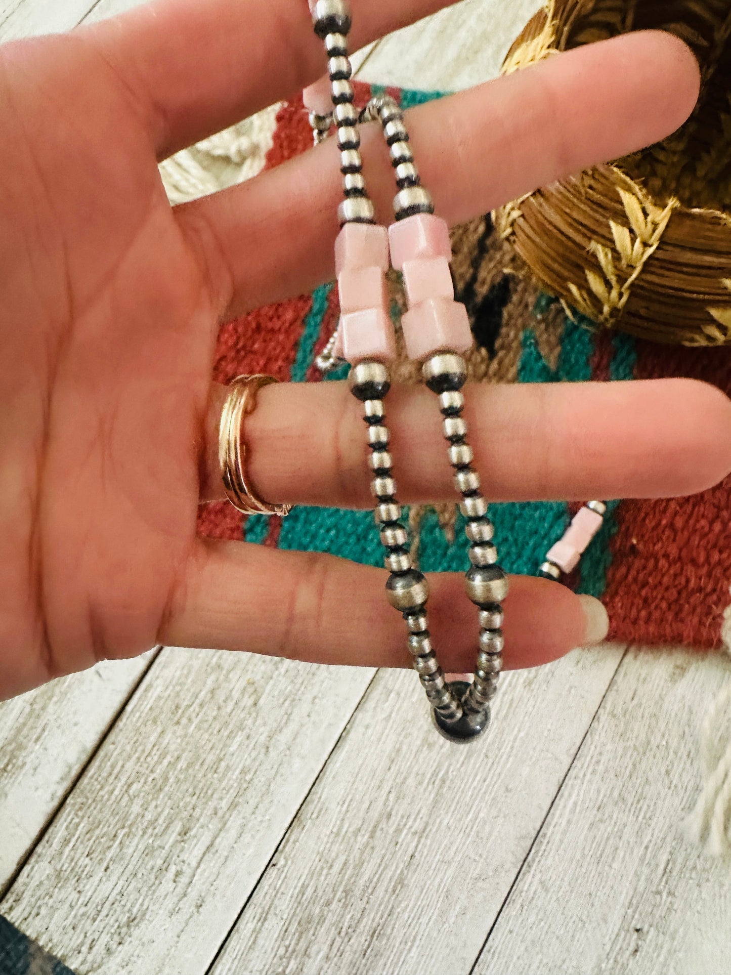 Navajo Queen Pink Conch & Sterling Silver Beaded Lariat Necklace