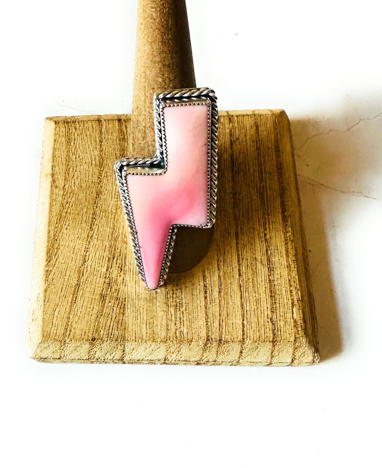 Navajo Sterling Silver & Queen Pink Conch Lightning Bolt Adjustable Ring