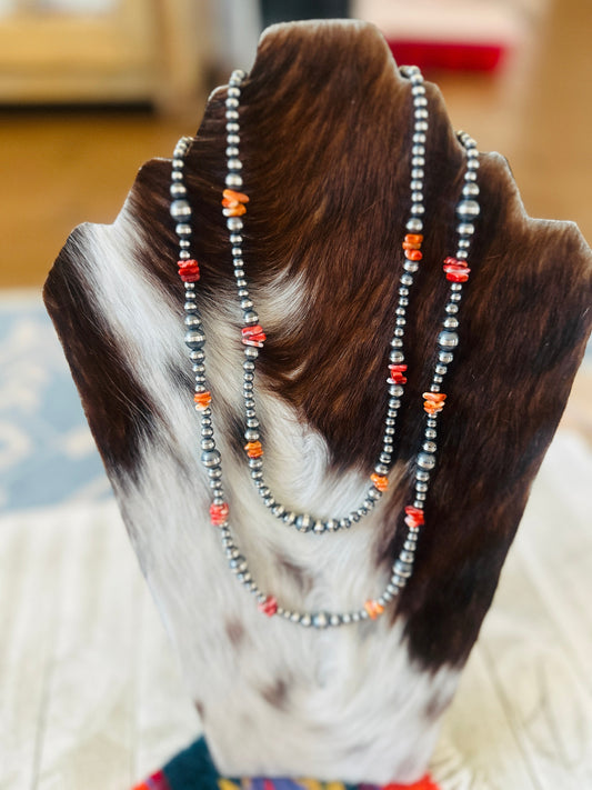 Navajo Sterling Silver & Spiny Oyster Beaded Necklace