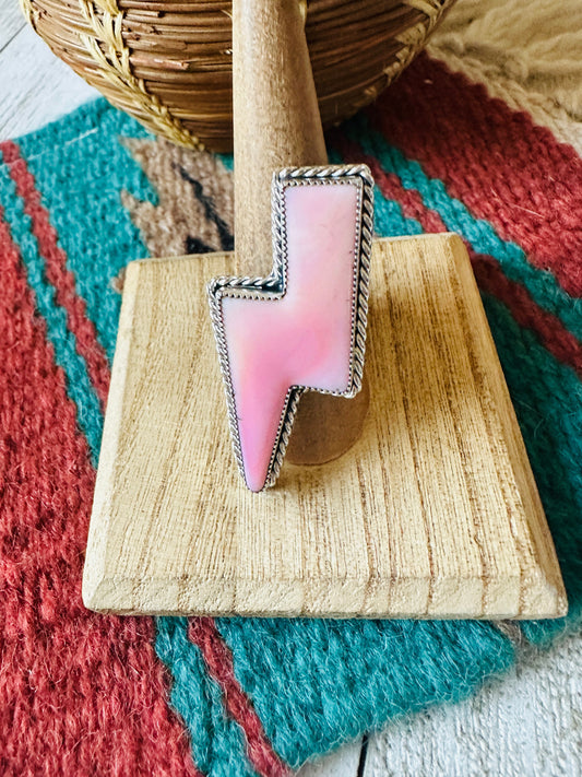 Navajo Sterling Silver & Queen Pink Conch Lightning Bolt Adjustable Ring