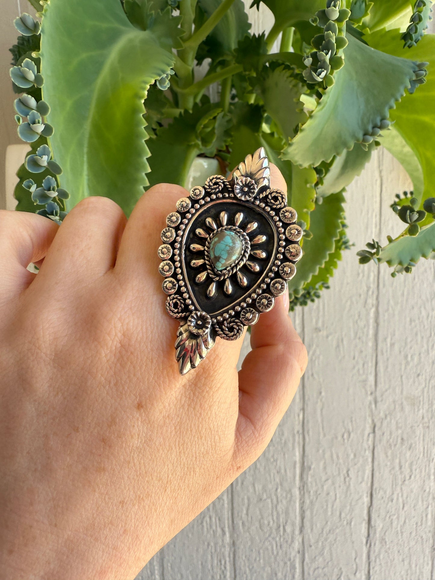 Beautiful Handmade Number 8 Turquoise And Sterling Silver Adjustable Statement Ring