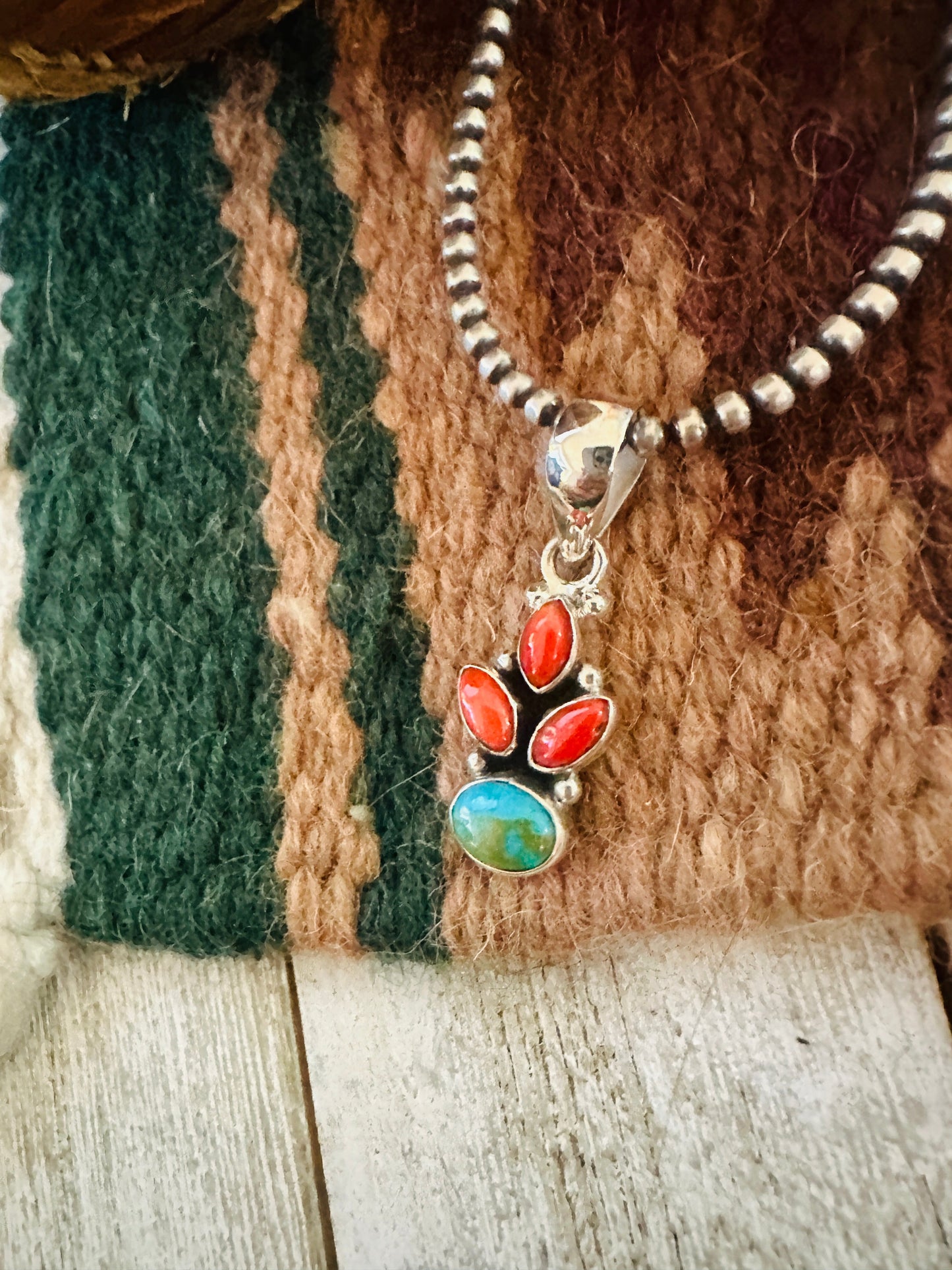 ** Christmas Collection ** Handmade Sterling Silver, Coral & Turquoise Pendant Signed Nizhoni