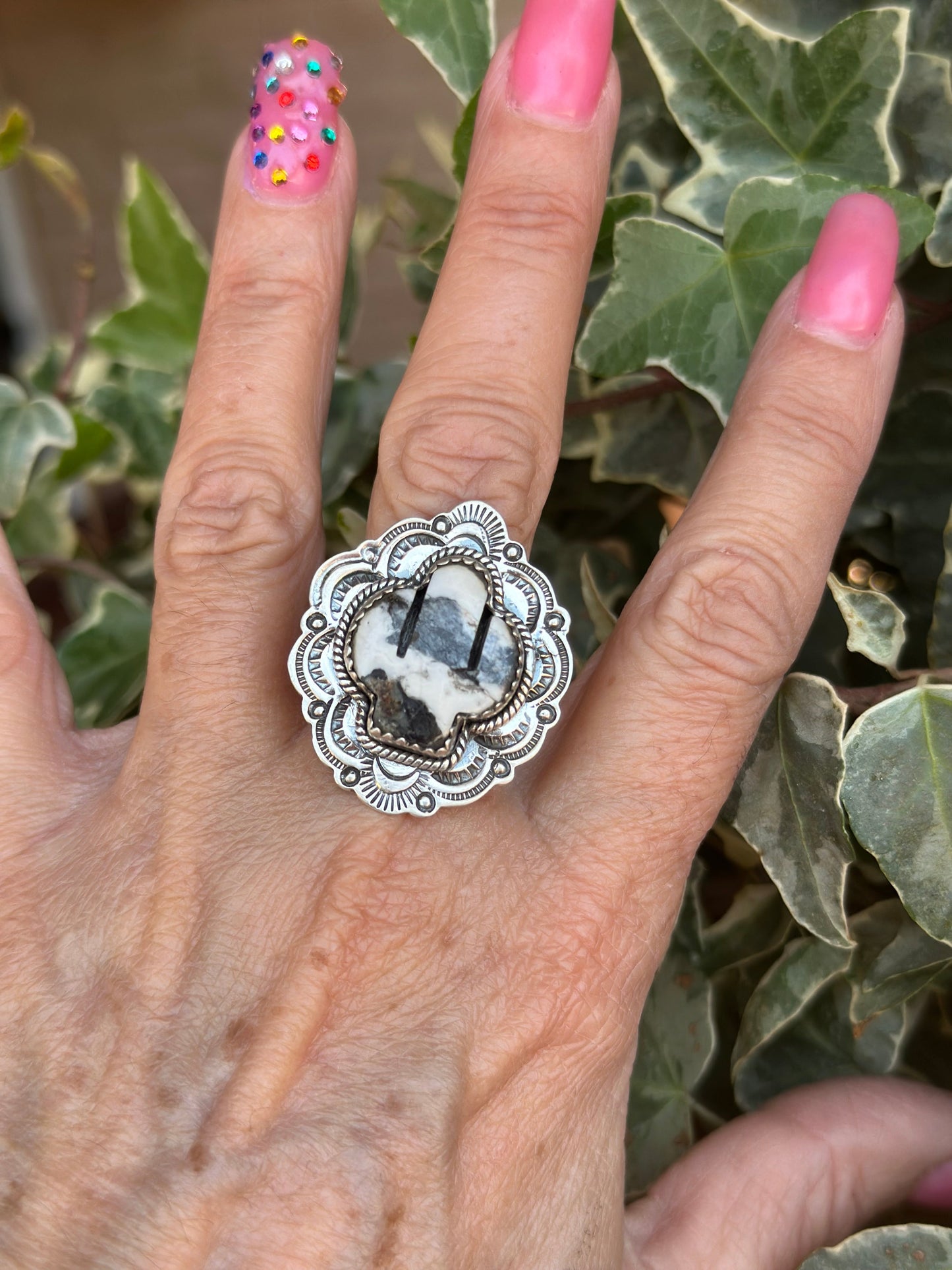 Handmade Sterling Silver White Buffalo Saguaro Cactus Adjustable Ring
