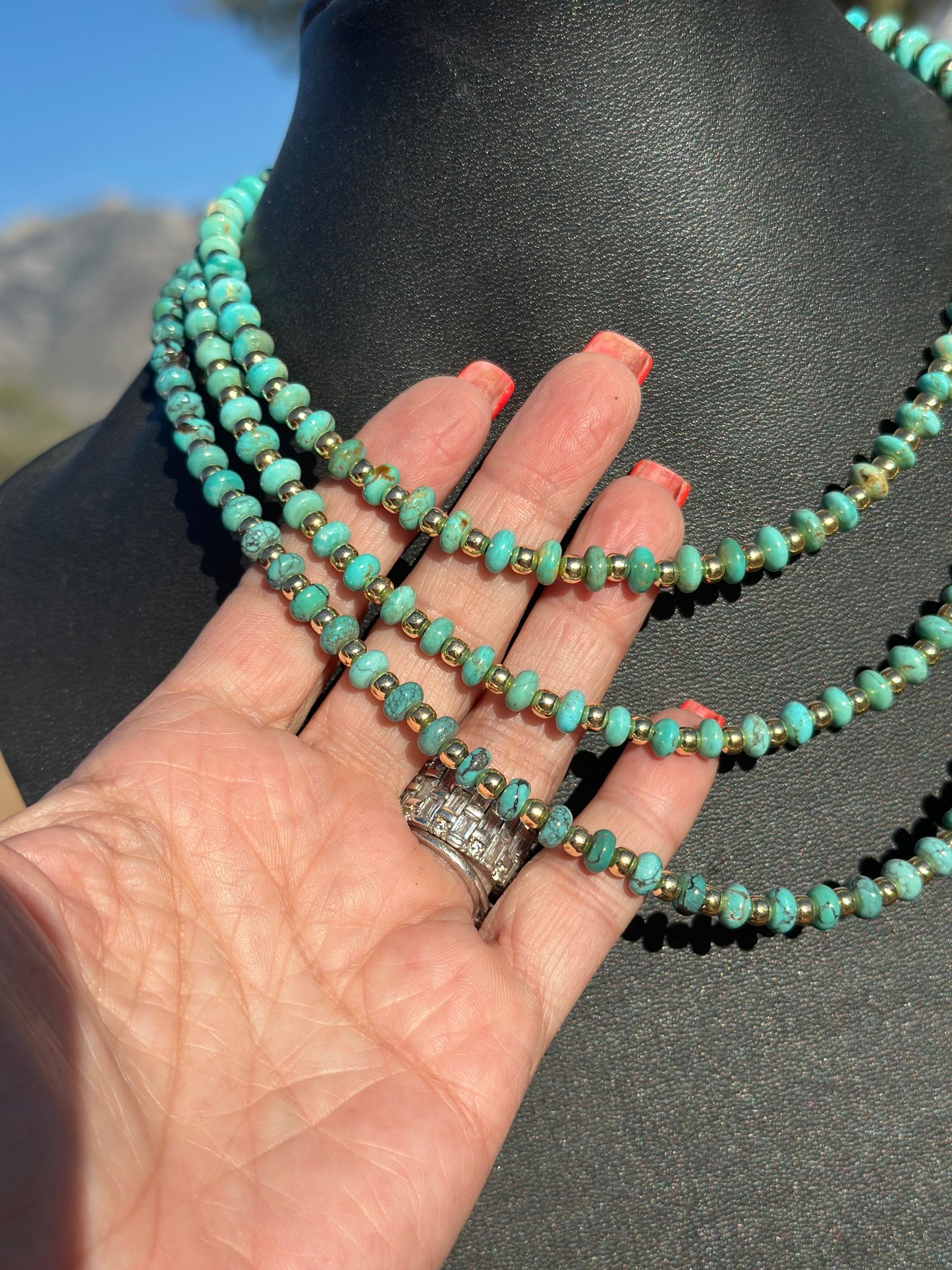 Gilded Sky Navajo Turquoise, Gold & Sterling Silver Beaded Necklace and Bracelets