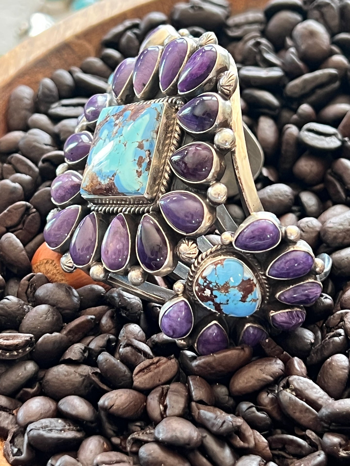 Navajo Sterling Silver, Charoite and Golden Hills Turquoise Cluster Cuff Bracelet by Tyler Brown