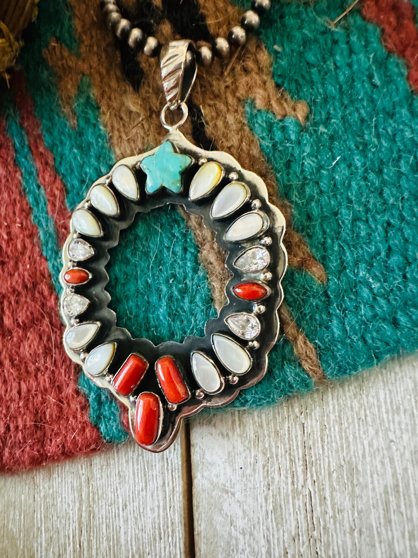 ** Christmas Collection ** Handmade Sterling Silver & Multi Stone Wreath Pendant Signed Nizhoni