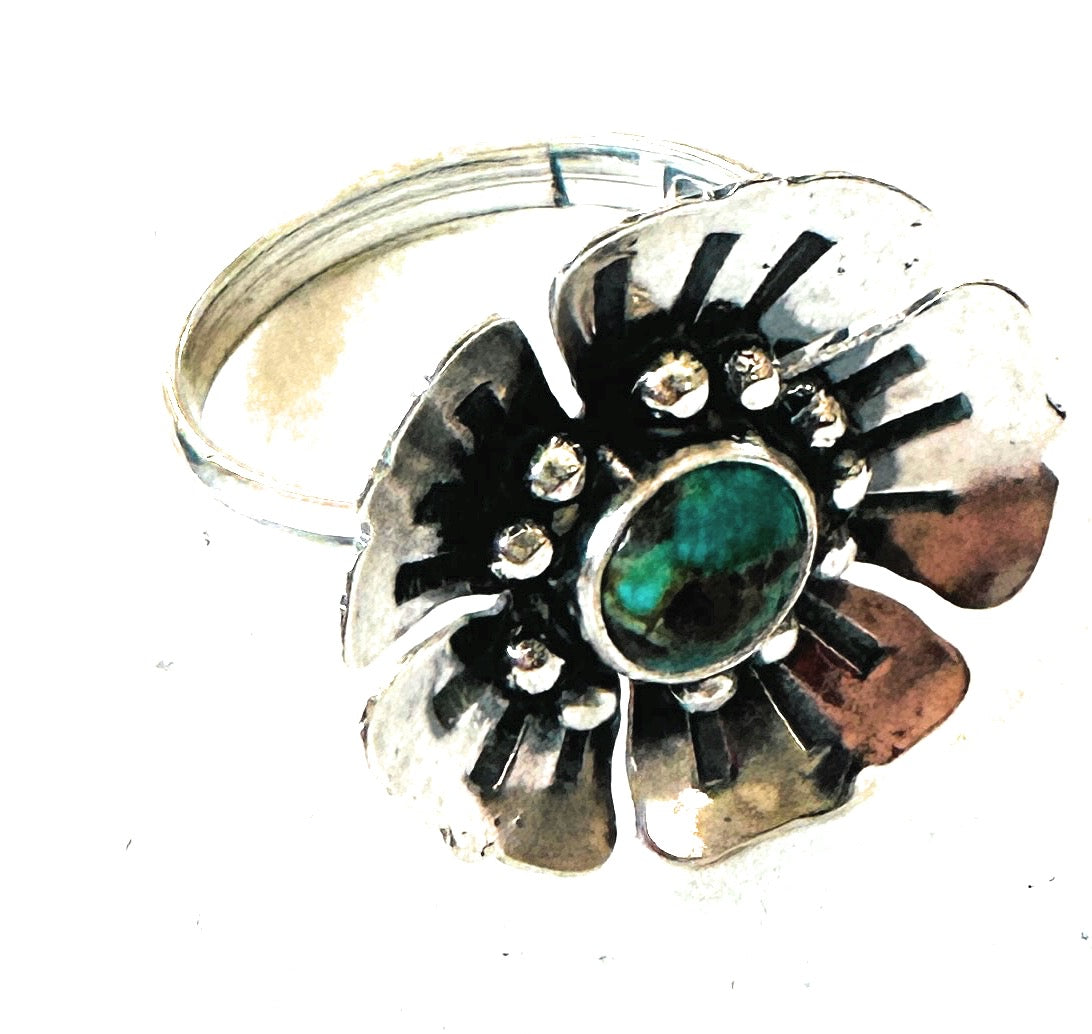 Navajo Sterling Silver & Turquoise Adjustable Flower Ring