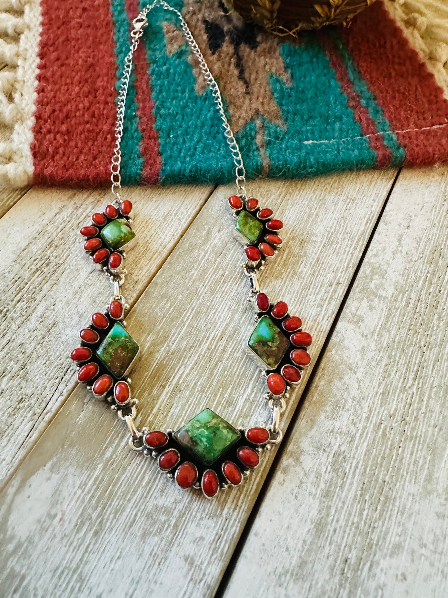** Christmas Collection ** Handmade Sterling Silver, Turquoise & Coral Necklace Signed Nizhoni