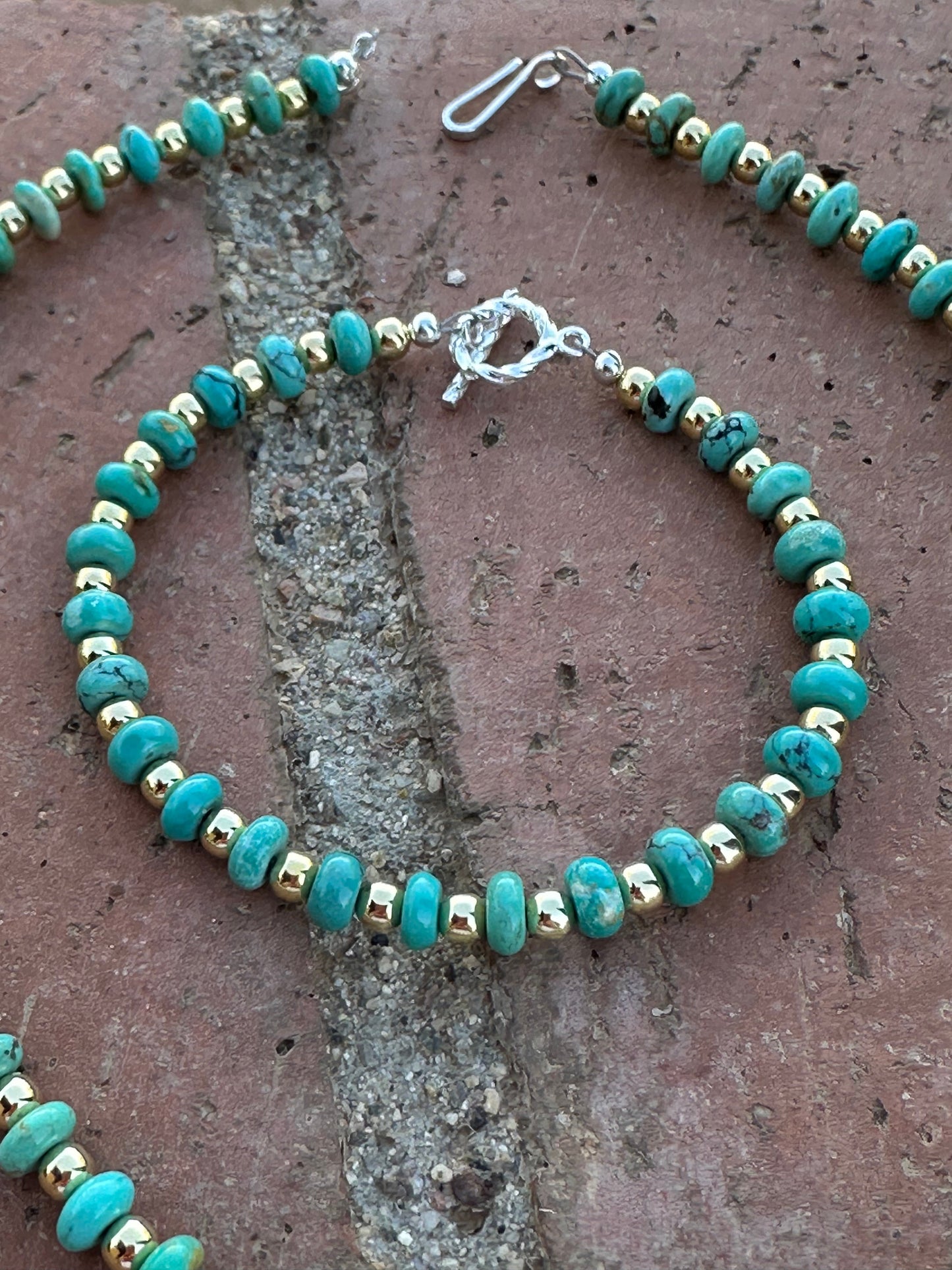 Gilded Sky Navajo Turquoise, Gold & Sterling Silver Beaded Necklace and Bracelets