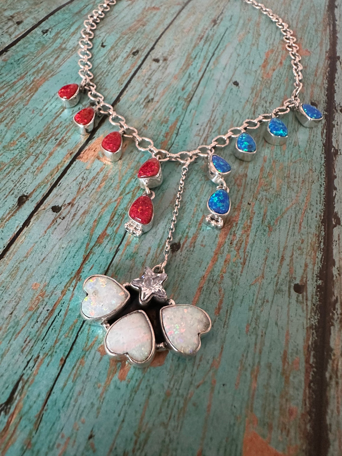 4th Of July Collection Handmade Sterling Silver & Red, White & Blue Fire Opal Drop Necklace