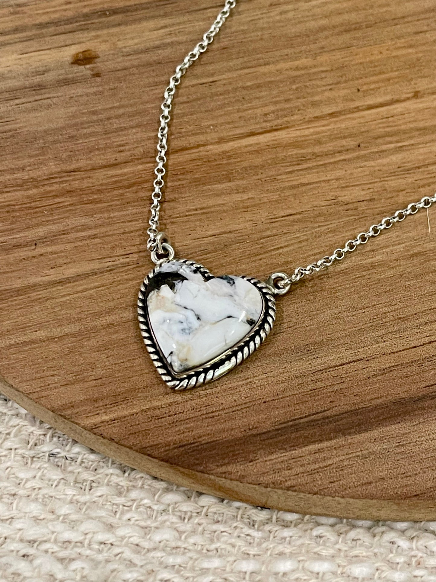 Handmade Sterling Silver, White Buffalo Heart Necklace Signed Nizhoni