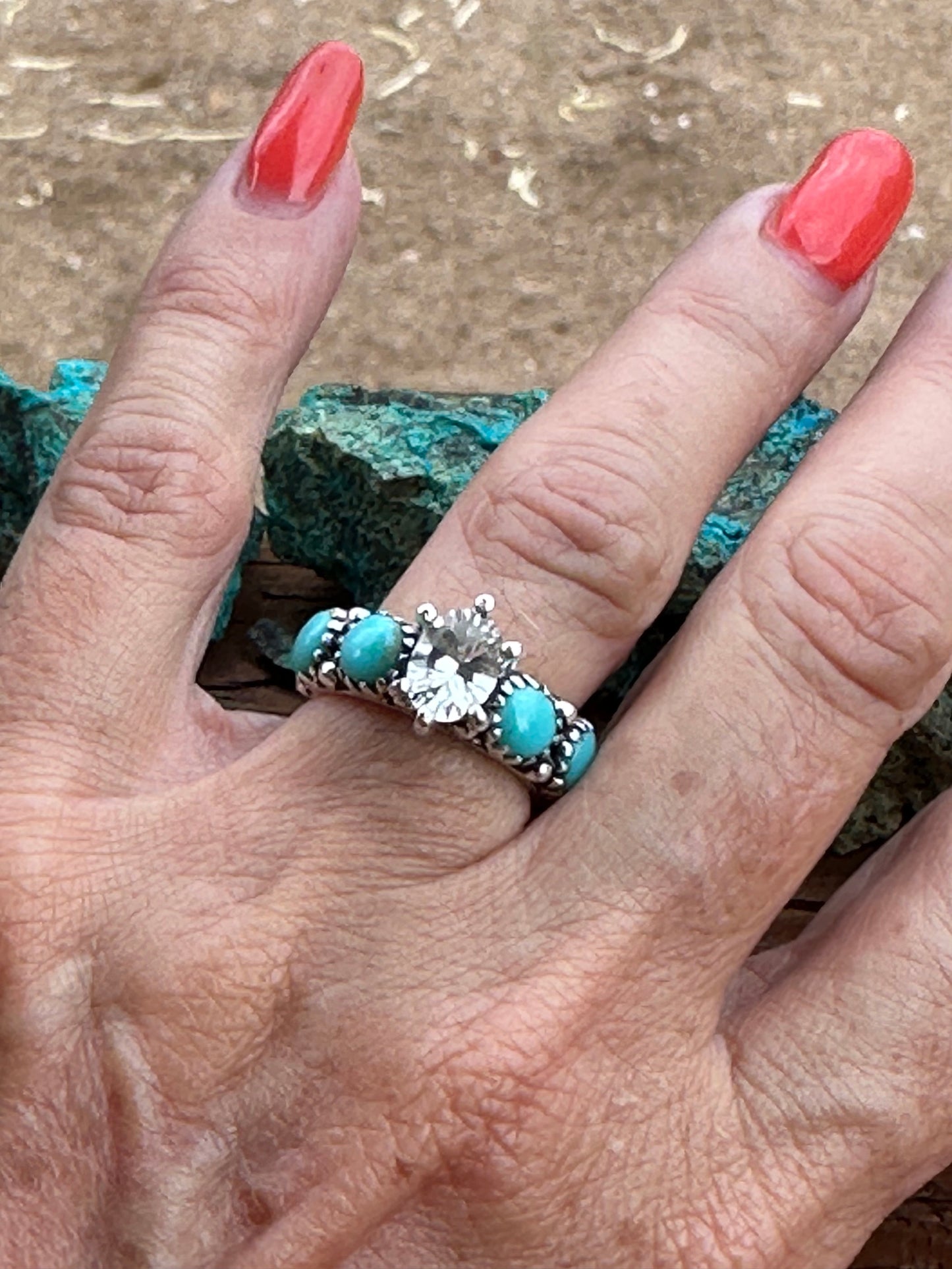 Kingman Turquoise & White Topaz Sterling Silver Forever Ring