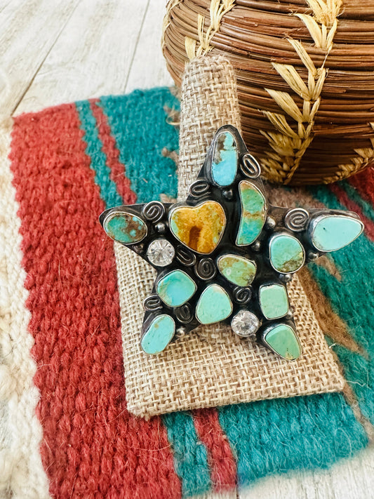 Navajo Royston Turquoise, CZ & Sterling Silver Adjustable Star Ring by Jacqueline Silver