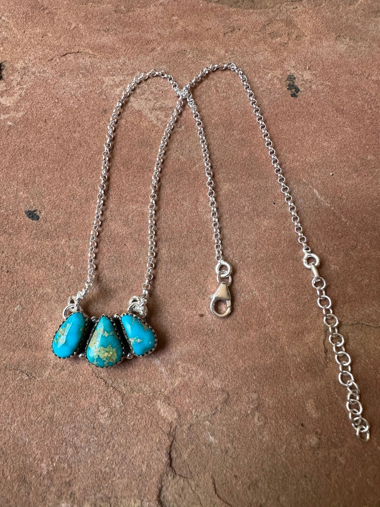 Beautiful Handmade Sterling Silver & Sonoran Turquoise 3 Stone Necklace