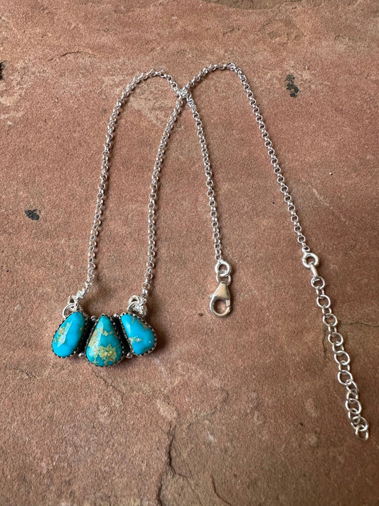 Beautiful Handmade Sterling Silver & Sonoran Turquoise 3 Stone Necklace