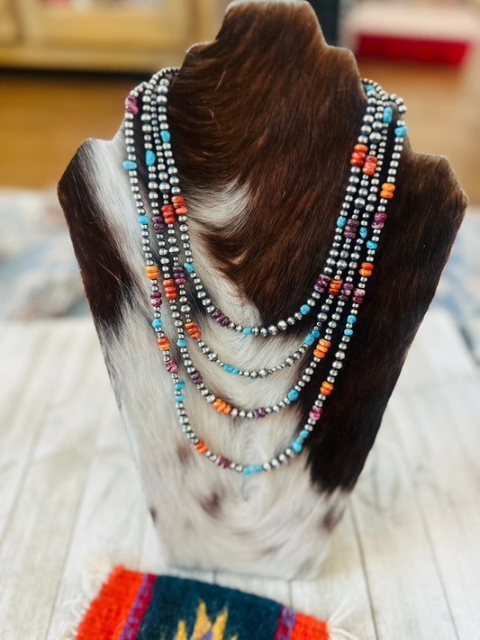 Navajo Sterling Silver, Spiny Oyster & Turquoise Beaded Necklace