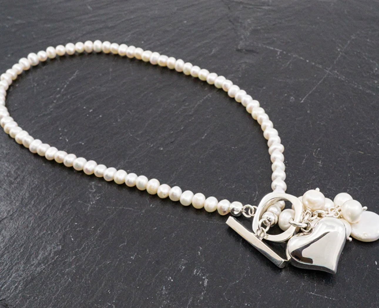 Pearl Cluster Necklace w/ Silver Heart & Toggle